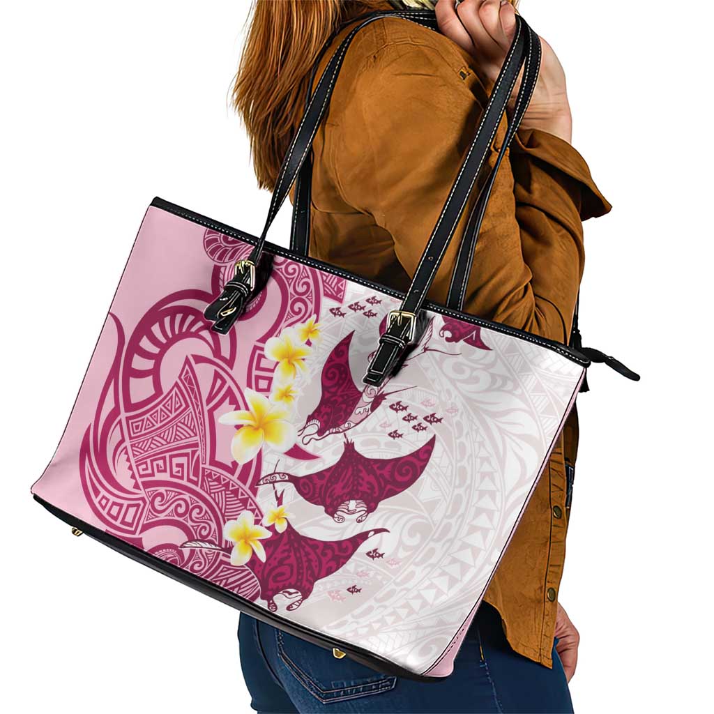 Maori Manta Ray Plumeria Royal Pink Leather Tote Bag LT01 - Polynesian Pride
