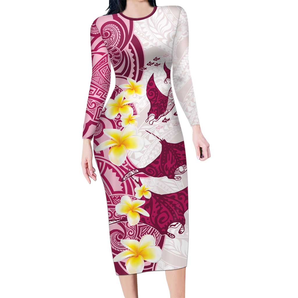Maori Manta Ray Plumeria Royal Pink Long Sleeve Bodycon Dress