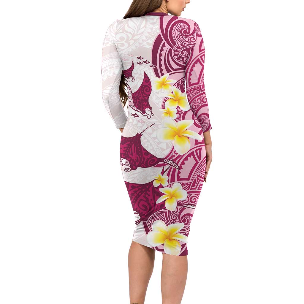 Maori Manta Ray Plumeria Royal Pink Long Sleeve Bodycon Dress