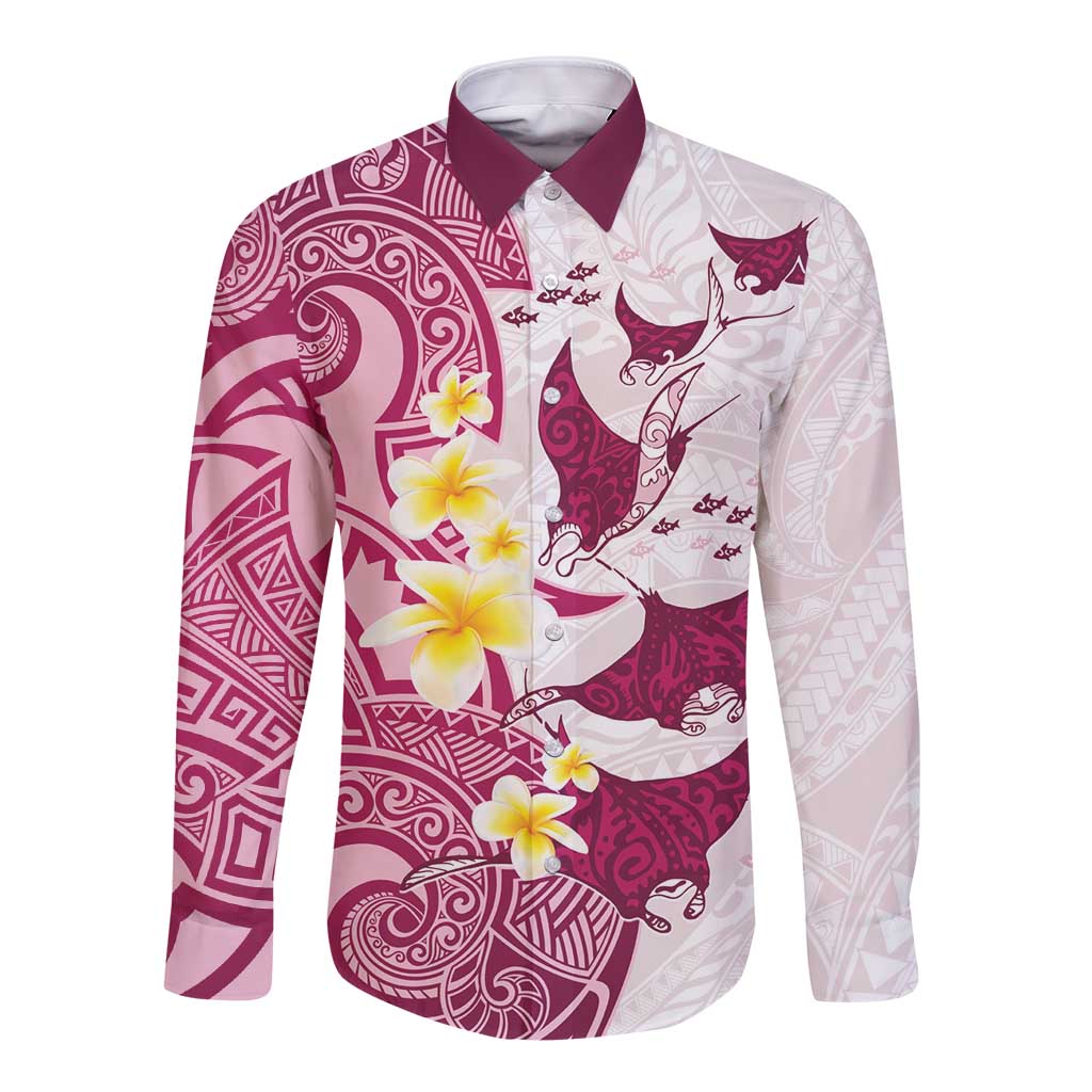 Maori Manta Ray Plumeria Royal Pink Long Sleeve Button Shirt