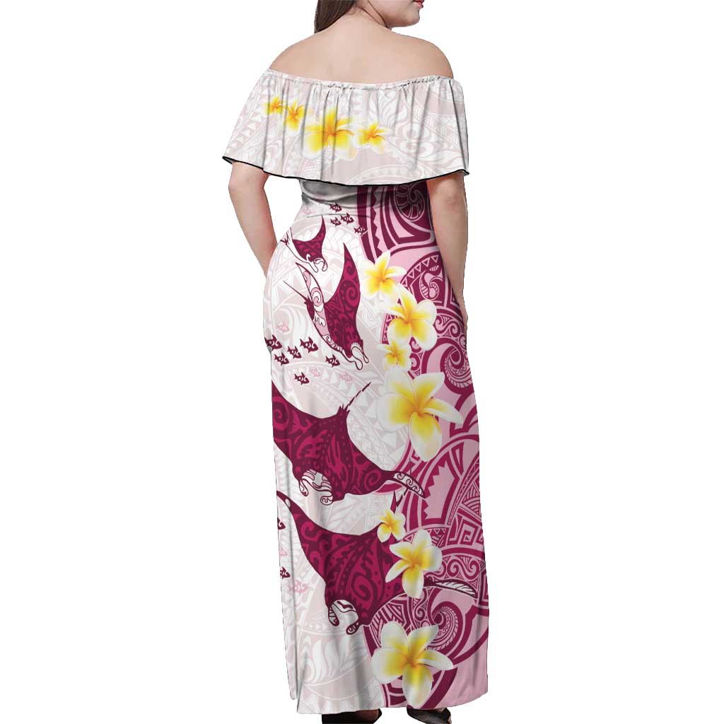 Maori Manta Ray Plumeria Royal Pink Off Shoulder Maxi Dress