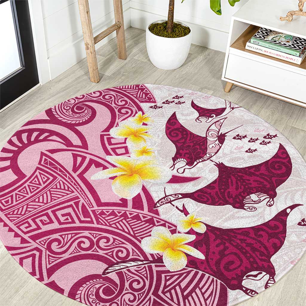 Maori Manta Ray Plumeria Royal Pink Round Carpet