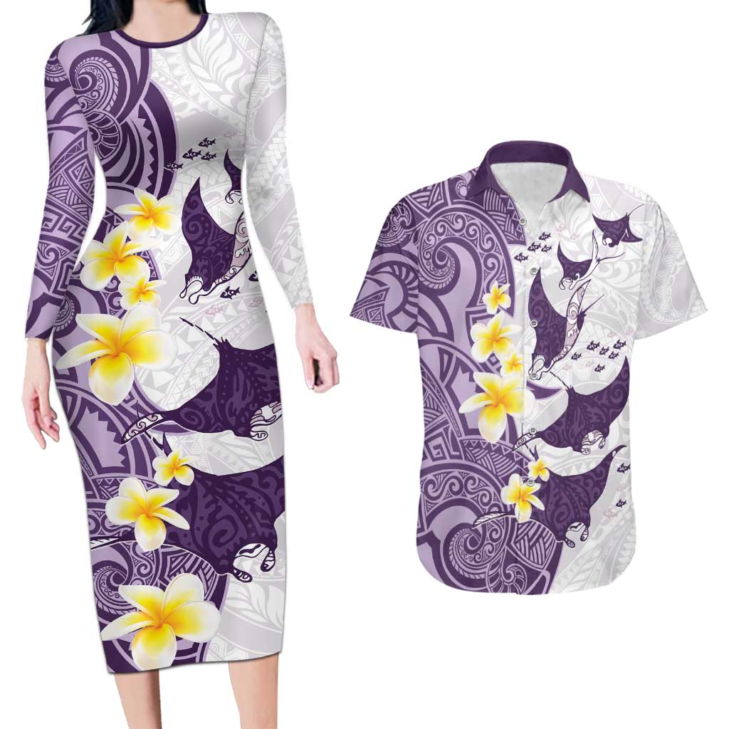 Maori Manta Ray Plumeria Deep Purple Couples Matching Long Sleeve Bodycon Dress and Hawaiian Shirt