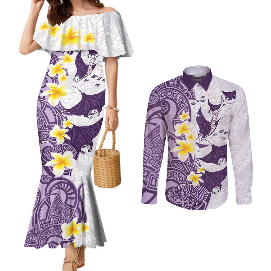 Maori Manta Ray Plumeria Deep Purple Couples Matching Mermaid Dress and Long Sleeve Button Shirt LT01 Purple - Polynesian Pride