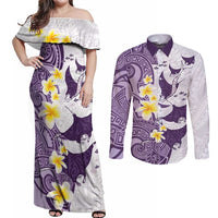 Maori Manta Ray Plumeria Deep Purple Couples Matching Off Shoulder Maxi Dress and Long Sleeve Button Shirt LT01 Purple - Polynesian Pride