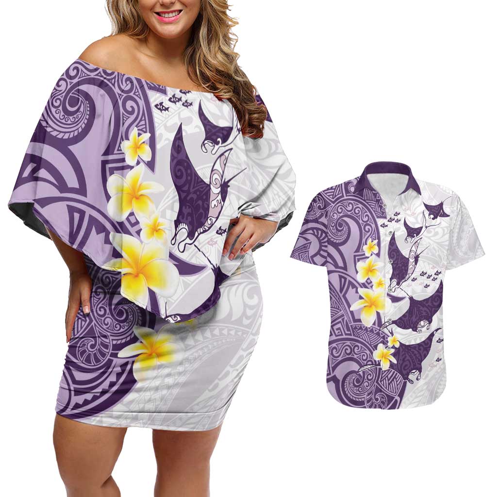 Maori Manta Ray Plumeria Deep Purple Couples Matching Off Shoulder Short Dress and Hawaiian Shirt LT01 Purple - Polynesian Pride