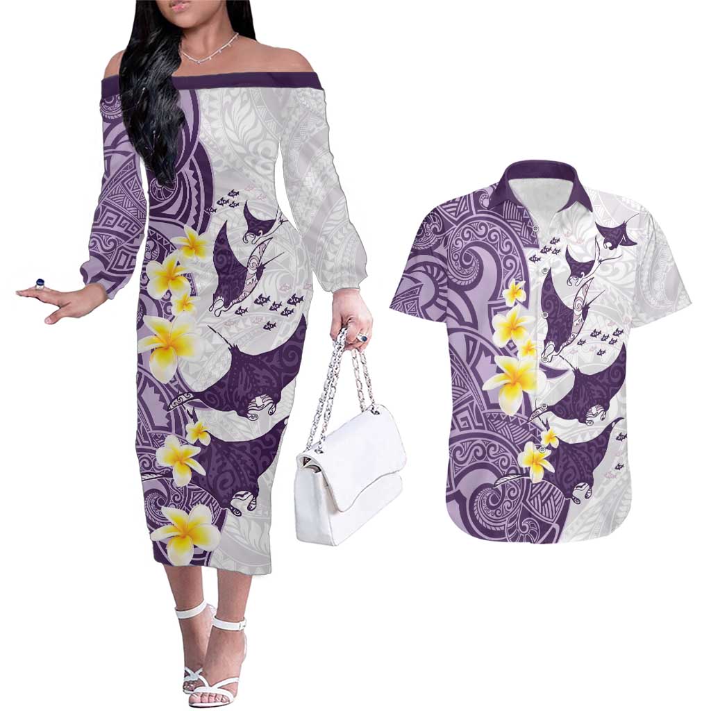 Maori Manta Ray Plumeria Deep Purple Couples Matching Off The Shoulder Long Sleeve Dress and Hawaiian Shirt