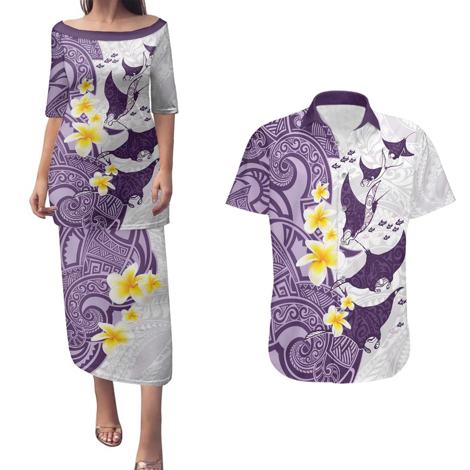 Maori Manta Ray Plumeria Deep Purple Couples Matching Puletasi and Hawaiian Shirt LT01 Purple - Polynesian Pride