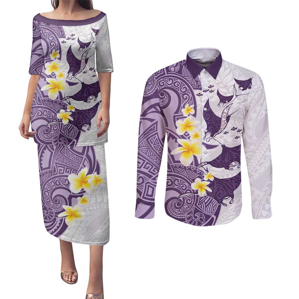 Maori Manta Ray Plumeria Deep Purple Couples Matching Puletasi and Long Sleeve Button Shirt LT01 Purple - Polynesian Pride