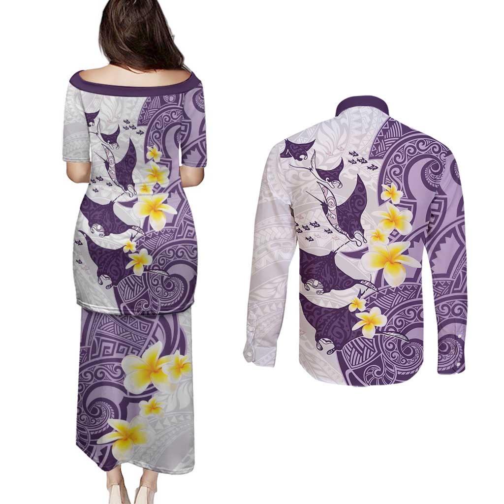 Maori Manta Ray Plumeria Deep Purple Couples Matching Puletasi and Long Sleeve Button Shirt LT01 - Polynesian Pride