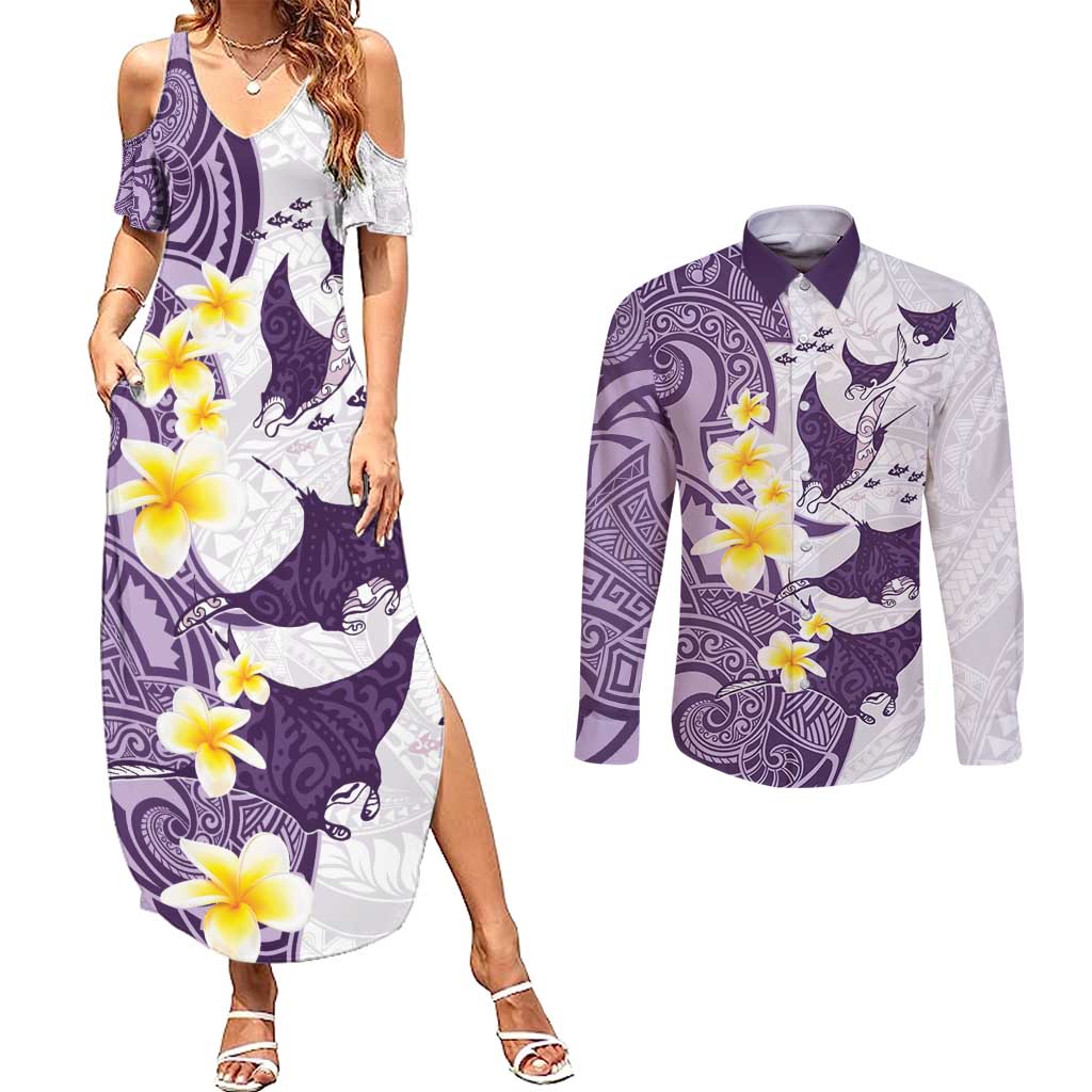 Maori Manta Ray Plumeria Deep Purple Couples Matching Summer Maxi Dress and Long Sleeve Button Shirt LT01 Purple - Polynesian Pride