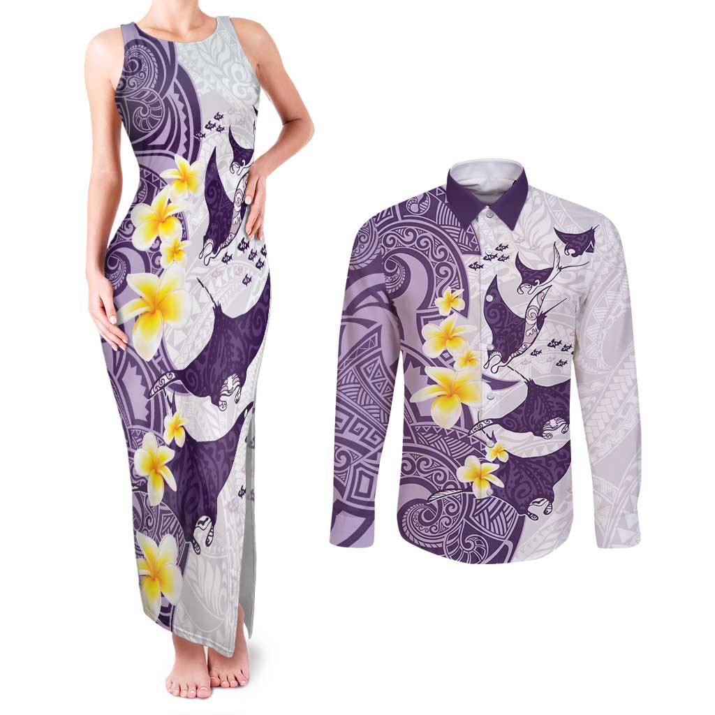 Maori Manta Ray Plumeria Deep Purple Couples Matching Tank Maxi Dress and Long Sleeve Button Shirt LT01 Purple - Polynesian Pride