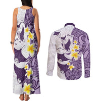 Maori Manta Ray Plumeria Deep Purple Couples Matching Tank Maxi Dress and Long Sleeve Button Shirt LT01 - Polynesian Pride