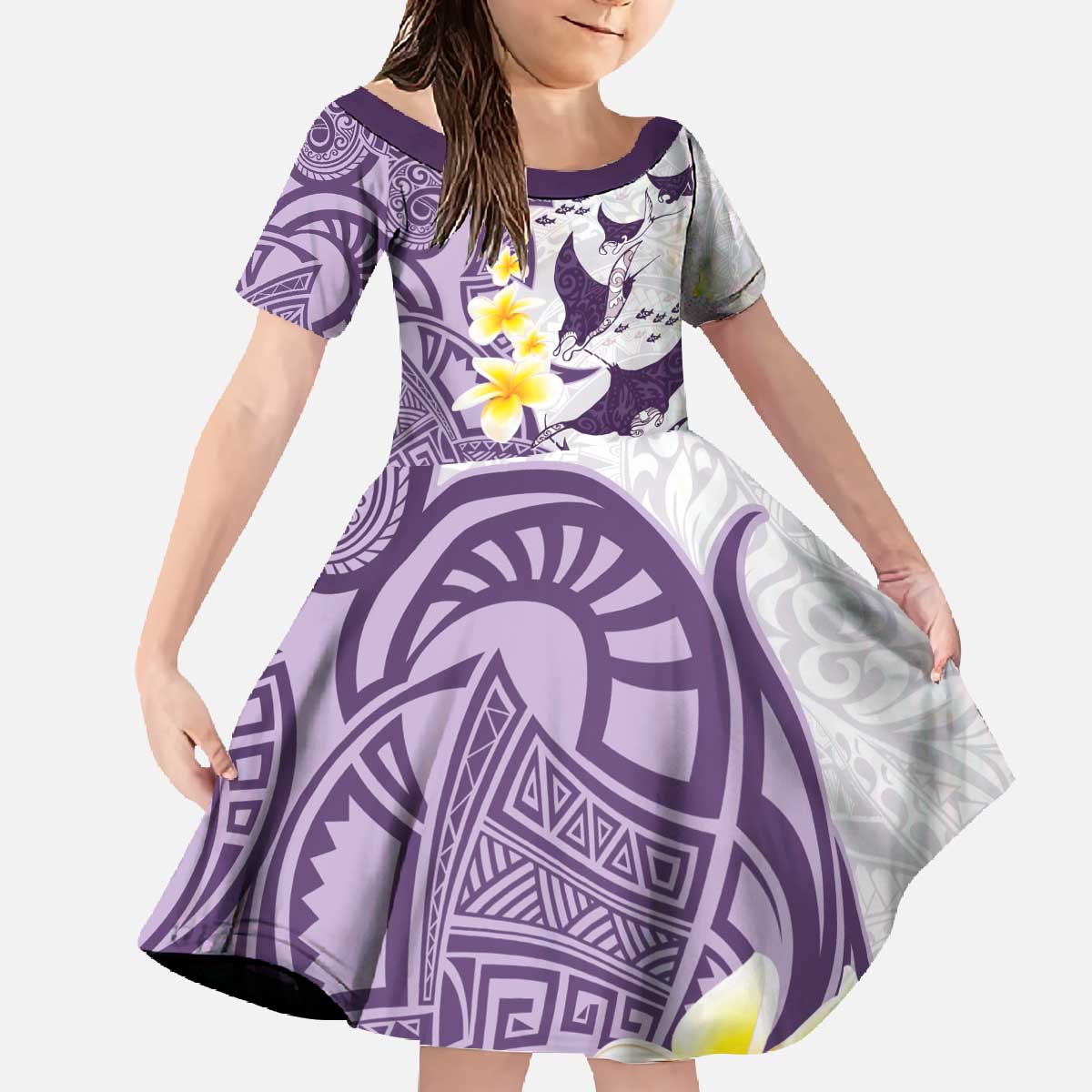 Maori Manta Ray Plumeria Deep Purple Family Matching Off The Shoulder Long Sleeve Dress and Hawaiian Shirt