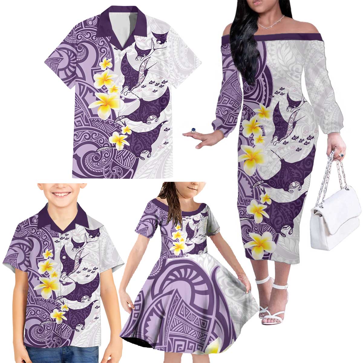 Maori Manta Ray Plumeria Deep Purple Family Matching Off The Shoulder Long Sleeve Dress and Hawaiian Shirt