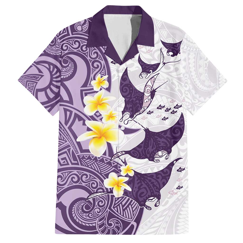Maori Manta Ray Plumeria Deep Purple Family Matching Off Shoulder Short Dress and Hawaiian Shirt