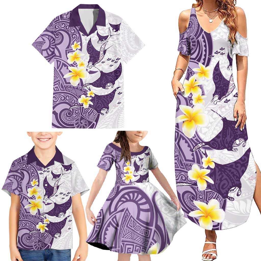 Maori Manta Ray Plumeria Deep Purple Family Matching Summer Maxi Dress and Hawaiian Shirt