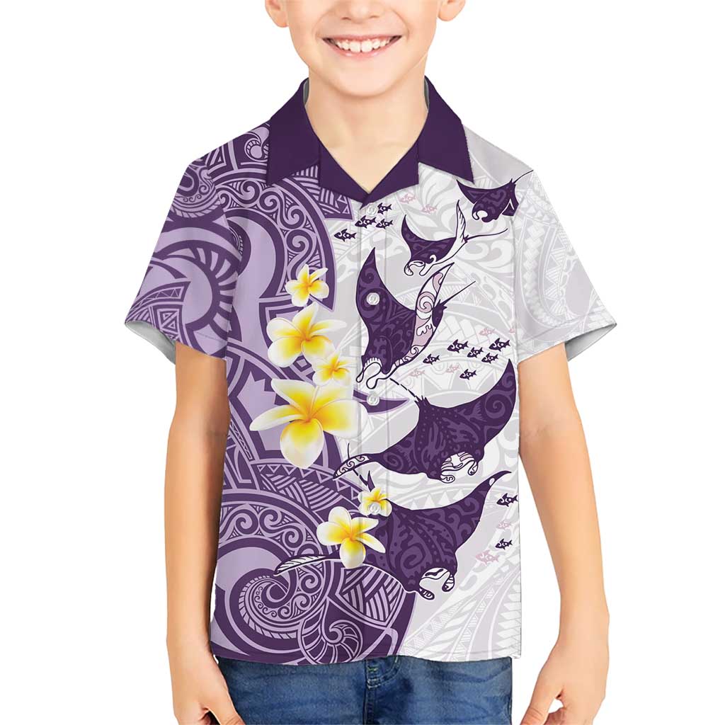 Maori Manta Ray Plumeria Deep Purple Kid Hawaiian Shirt