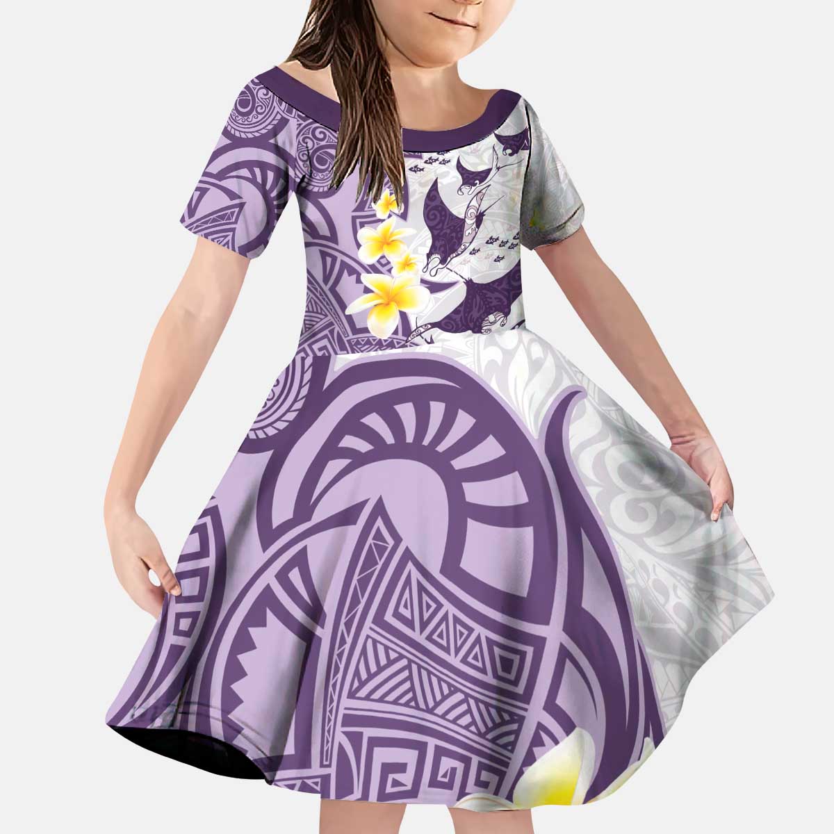 Maori Manta Ray Plumeria Deep Purple Kid Short Sleeve Dress