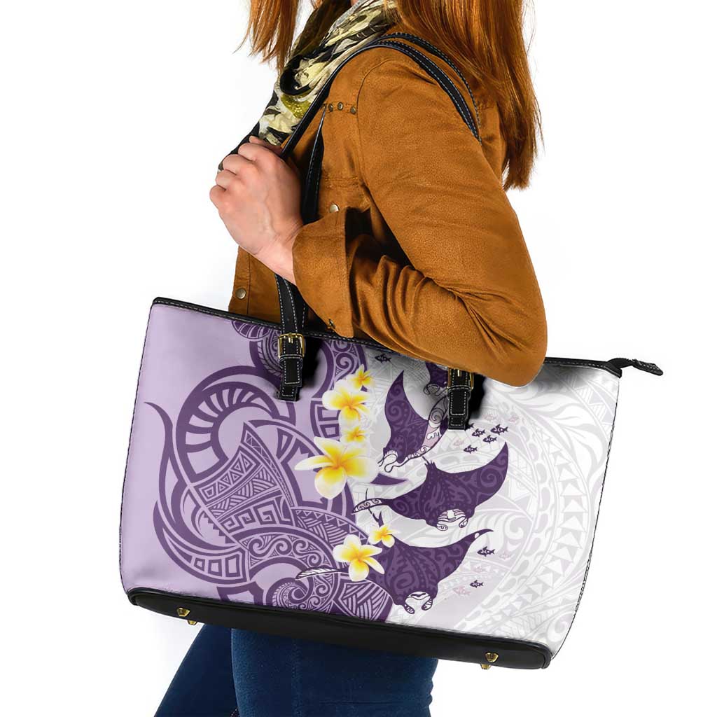 Maori Manta Ray Plumeria Deep Purple Leather Tote Bag LT01 Purple - Polynesian Pride