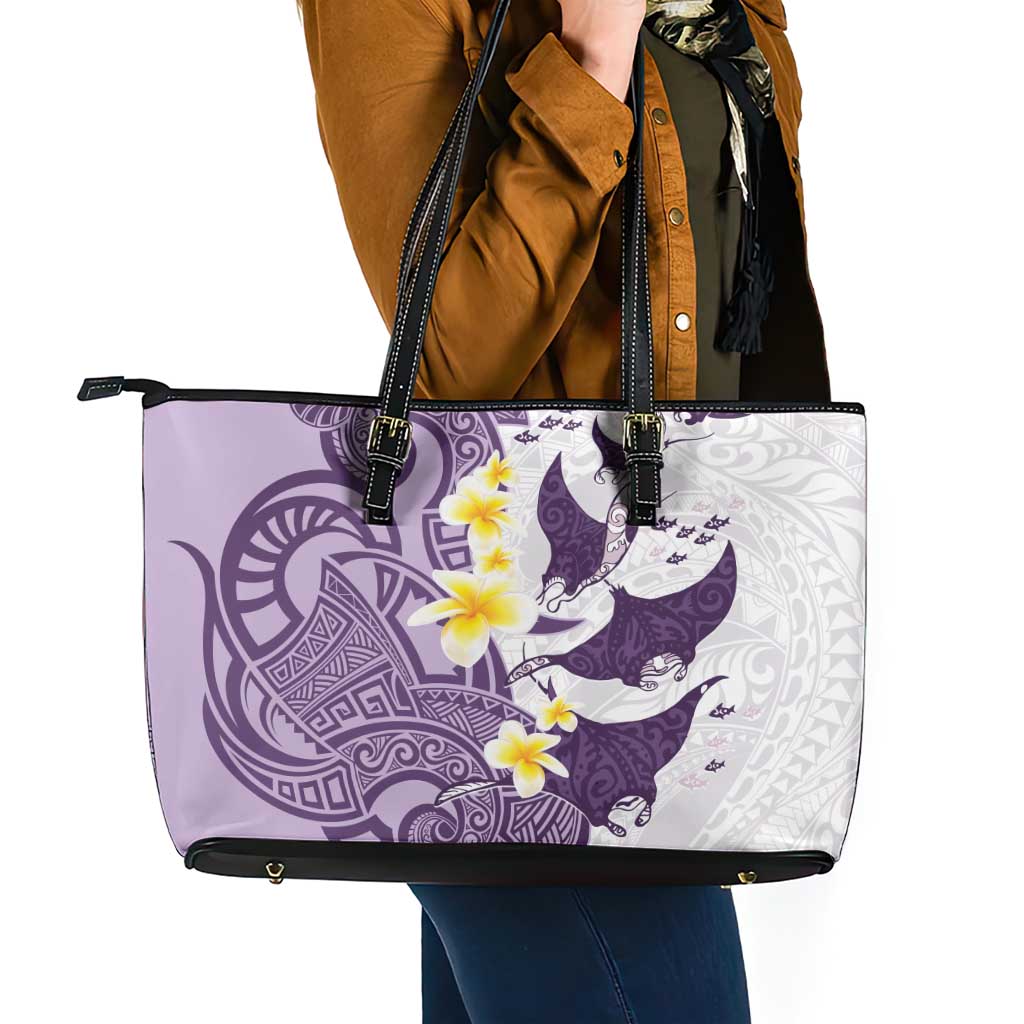 Maori Manta Ray Plumeria Deep Purple Leather Tote Bag LT01 - Polynesian Pride
