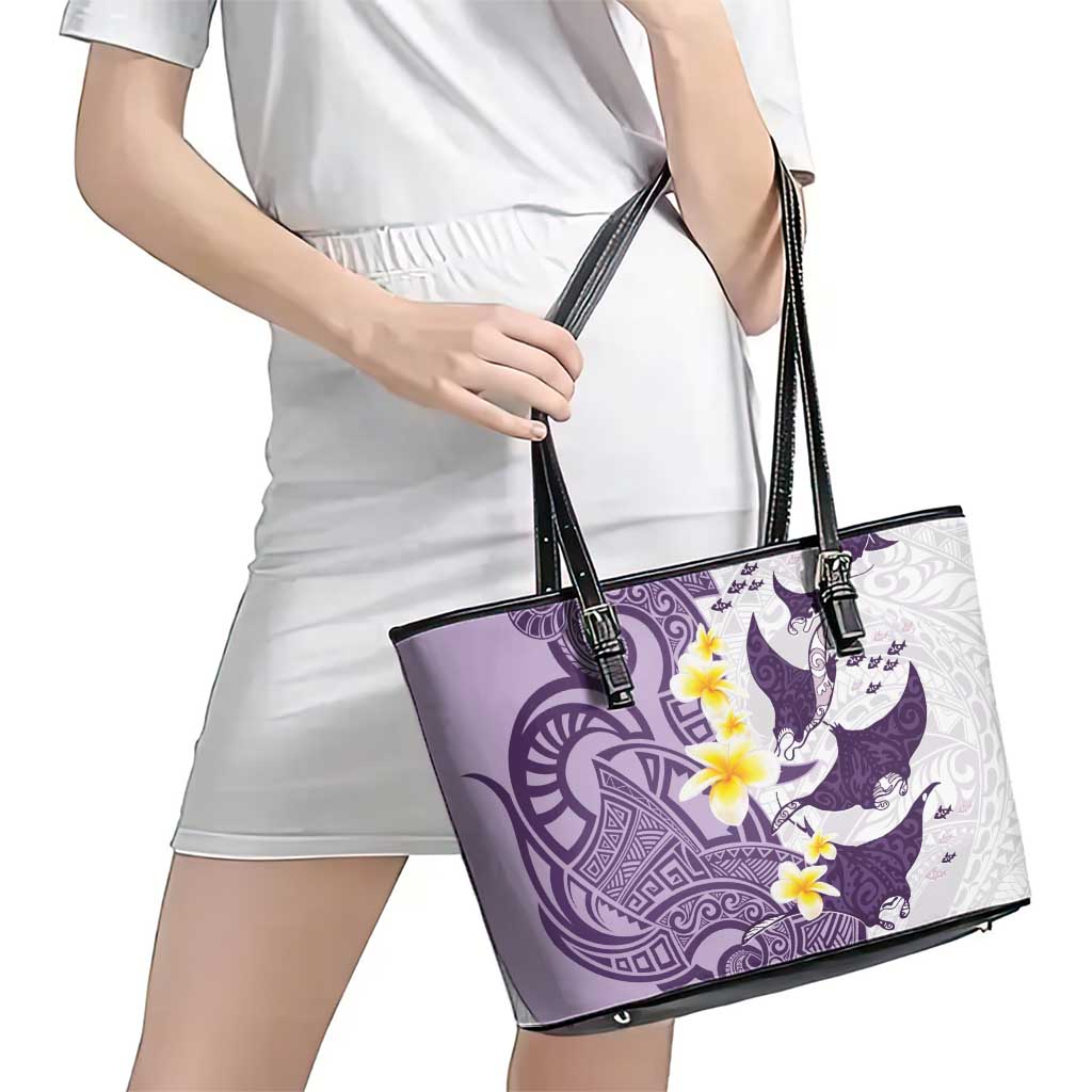 Maori Manta Ray Plumeria Deep Purple Leather Tote Bag LT01 - Polynesian Pride