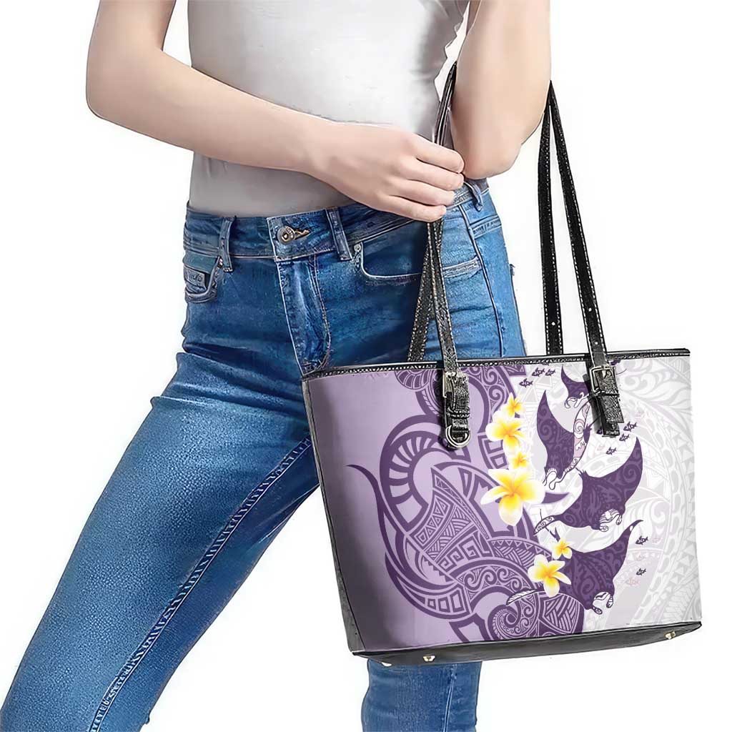 Maori Manta Ray Plumeria Deep Purple Leather Tote Bag LT01 - Polynesian Pride