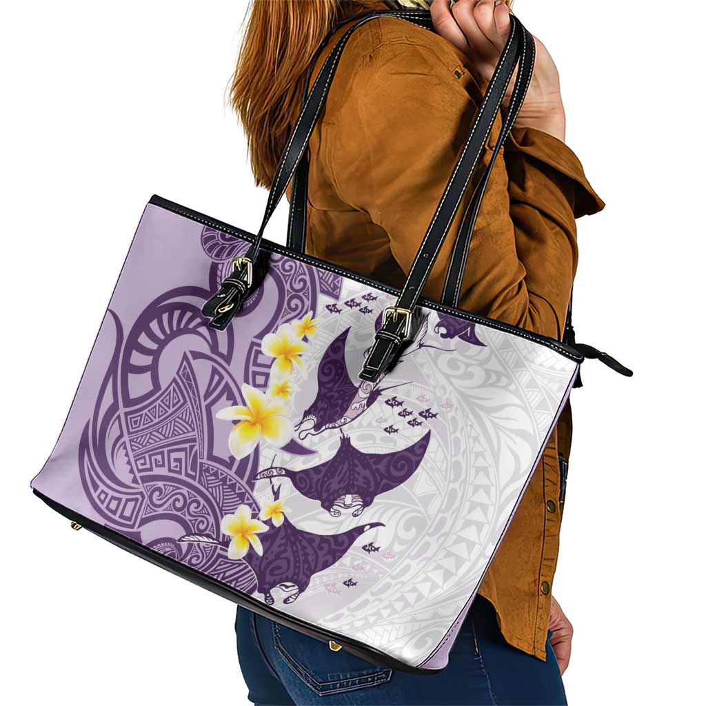 Maori Manta Ray Plumeria Deep Purple Leather Tote Bag LT01 - Polynesian Pride