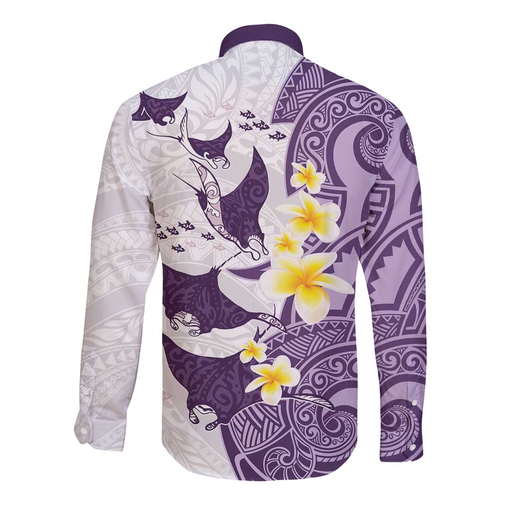 Maori Manta Ray Plumeria Deep Purple Long Sleeve Button Shirt