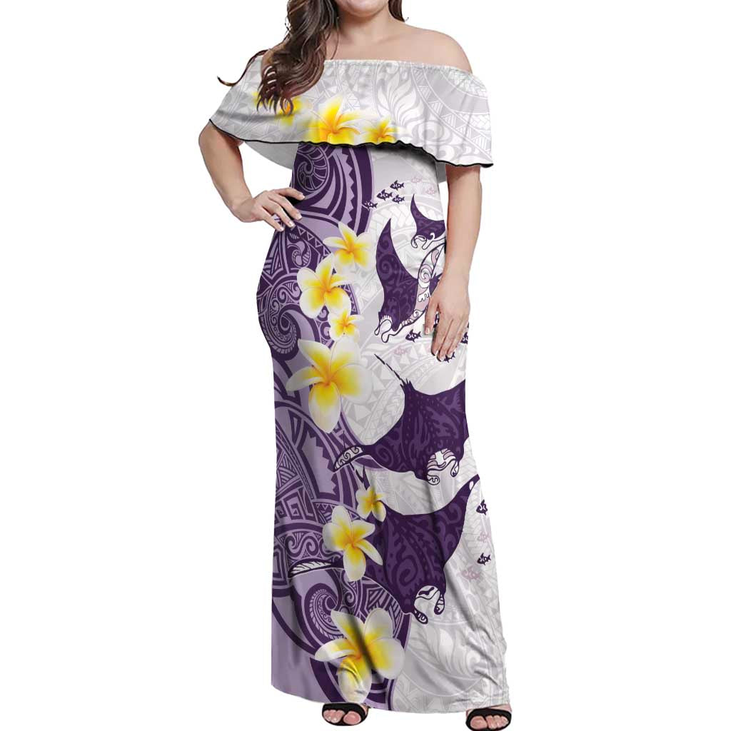 Maori Manta Ray Plumeria Deep Purple Off Shoulder Maxi Dress LT01 Women Purple - Polynesian Pride