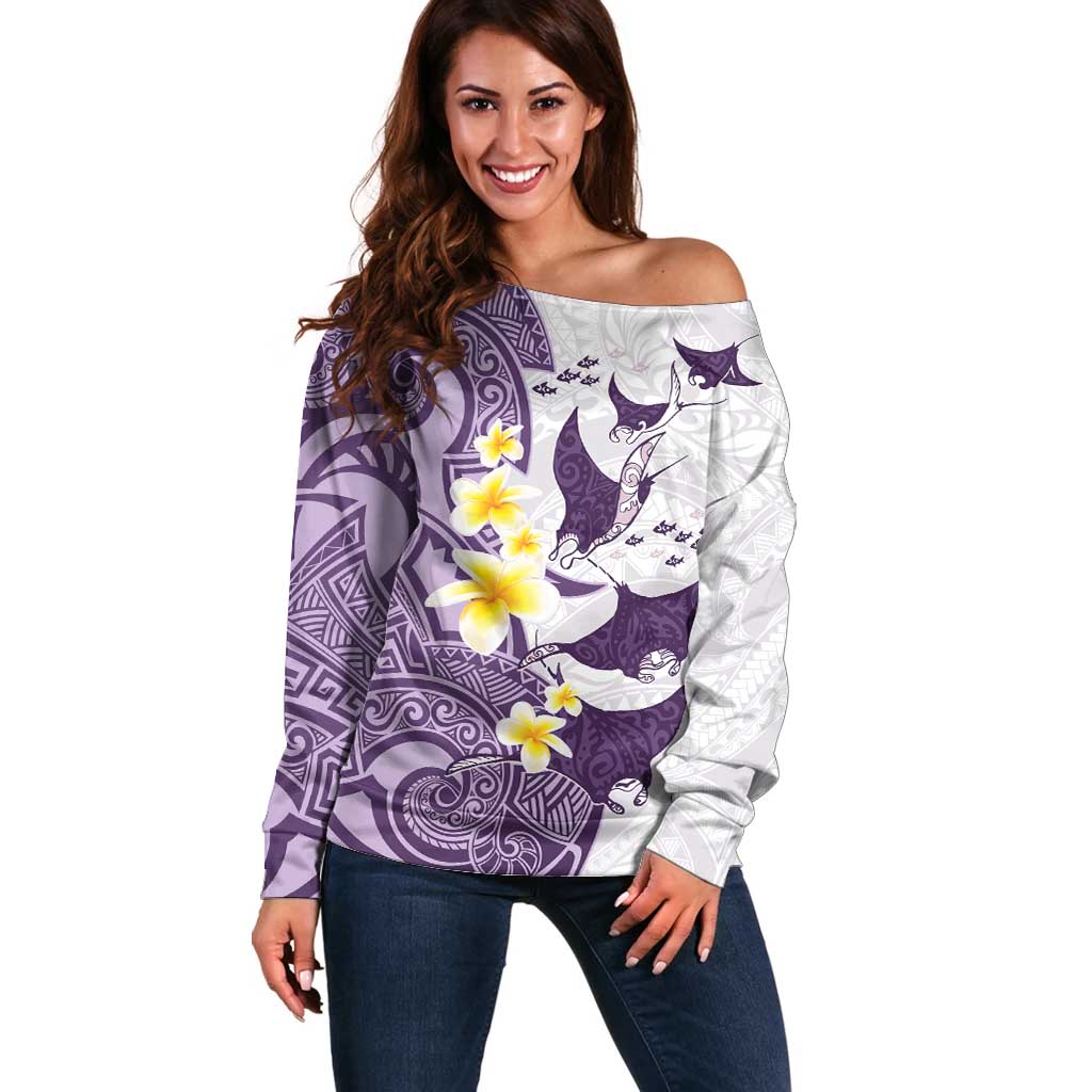 Maori Manta Ray Plumeria Deep Purple Off Shoulder Sweater