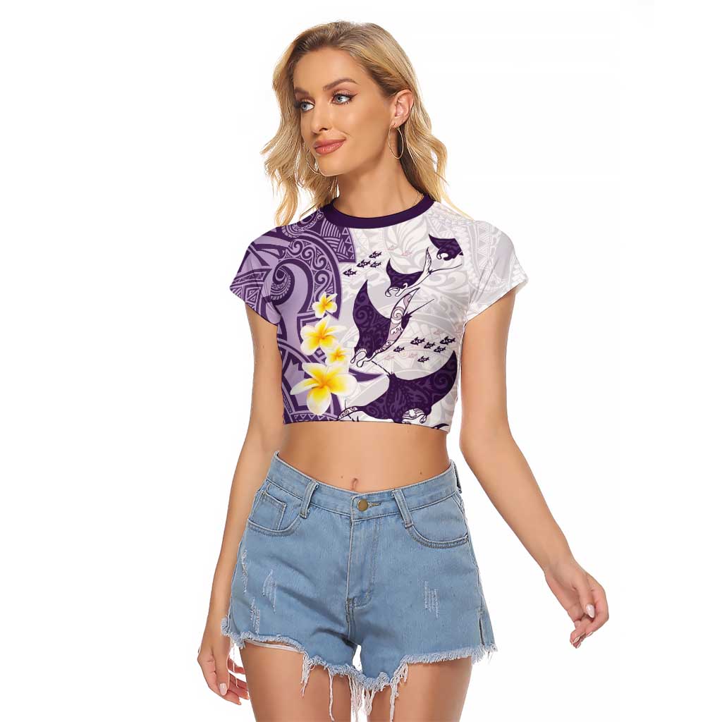 Maori Manta Ray Plumeria Deep Purple Raglan Cropped T Shirt LT01 Female Purple - Polynesian Pride
