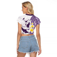 Maori Manta Ray Plumeria Deep Purple Raglan Cropped T Shirt LT01 - Polynesian Pride