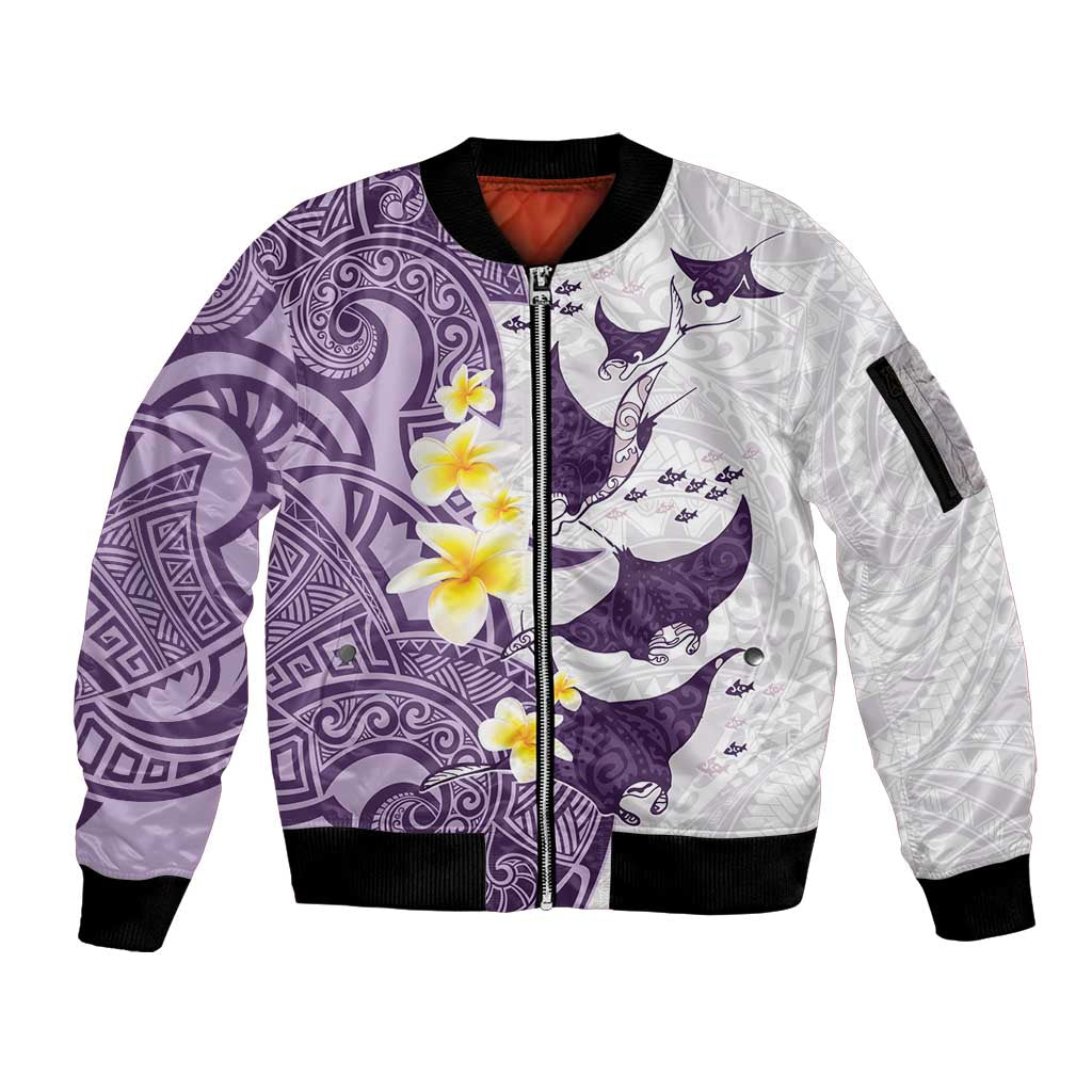 Maori Manta Ray Plumeria Deep Purple Sleeve Zip Bomber Jacket