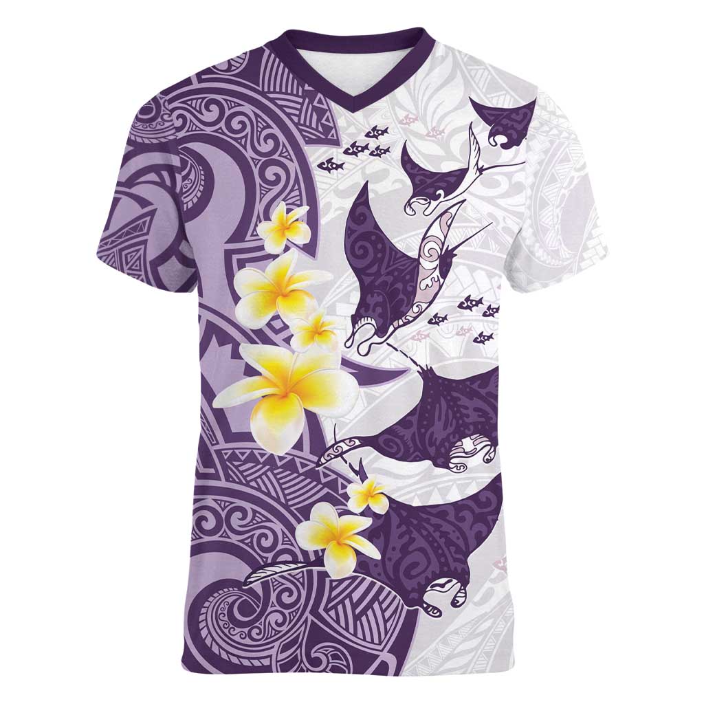 Maori Manta Ray Plumeria Deep Purple Women V-Neck T-Shirt LT01 Female Purple - Polynesian Pride