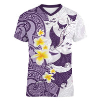 Maori Manta Ray Plumeria Deep Purple Women V-Neck T-Shirt LT01 Female Purple - Polynesian Pride