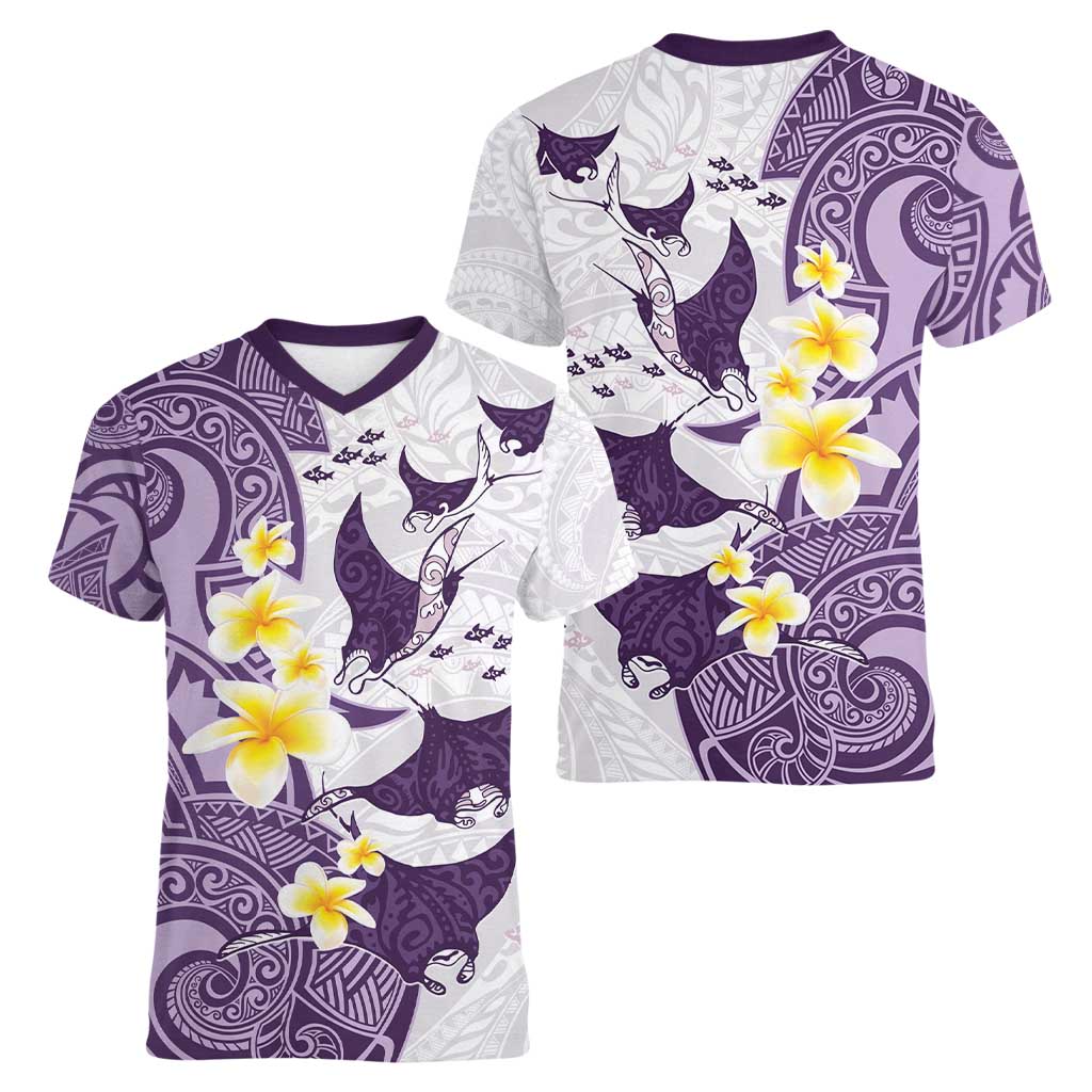 Maori Manta Ray Plumeria Deep Purple Women V-Neck T-Shirt LT01 - Polynesian Pride