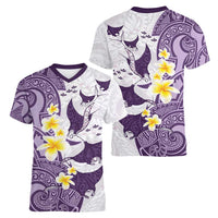 Maori Manta Ray Plumeria Deep Purple Women V-Neck T-Shirt LT01 - Polynesian Pride