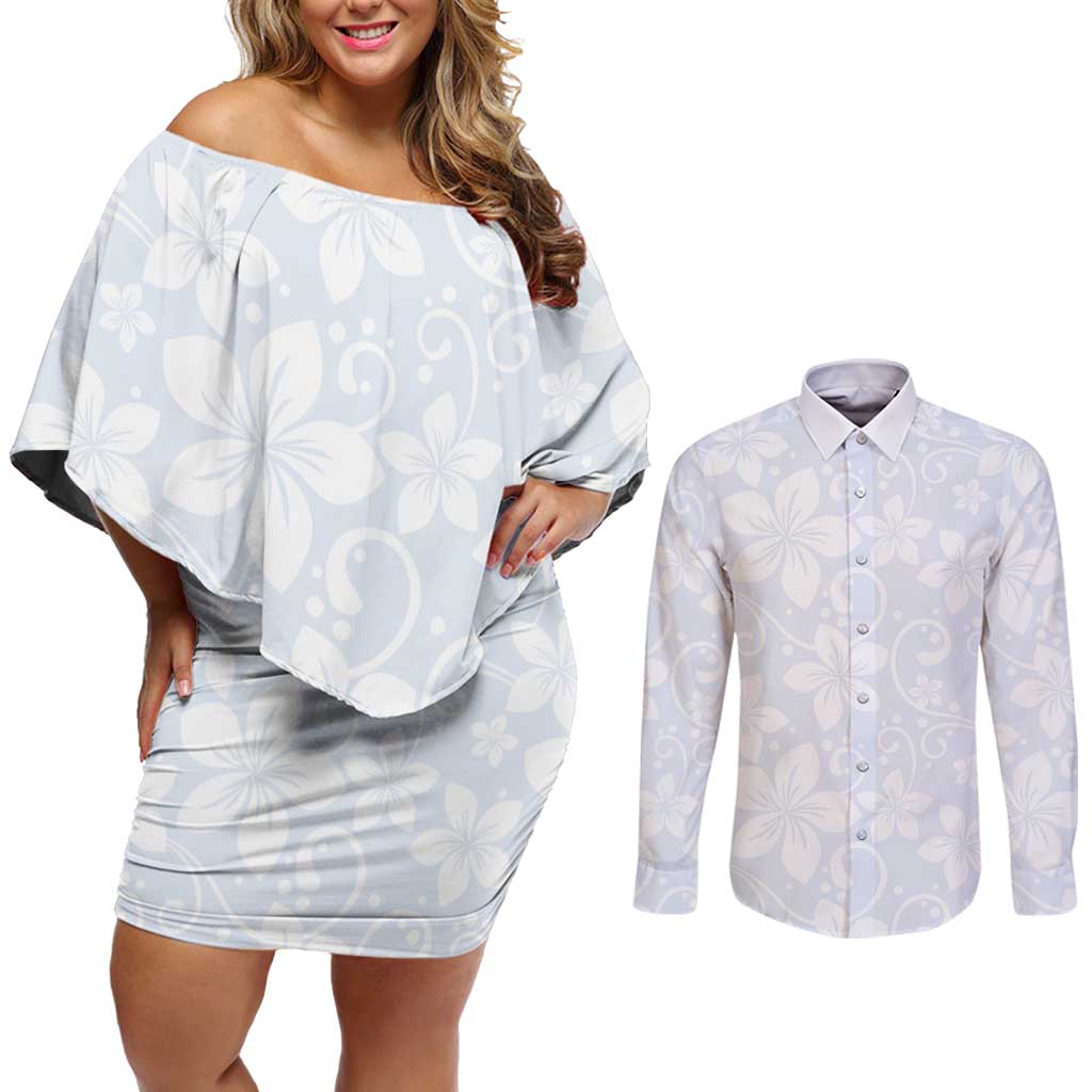 Plumeria Floral White Sunday Couples Matching Off Shoulder Short Dress and Long Sleeve Button Shirt LT01 White - Polynesian Pride
