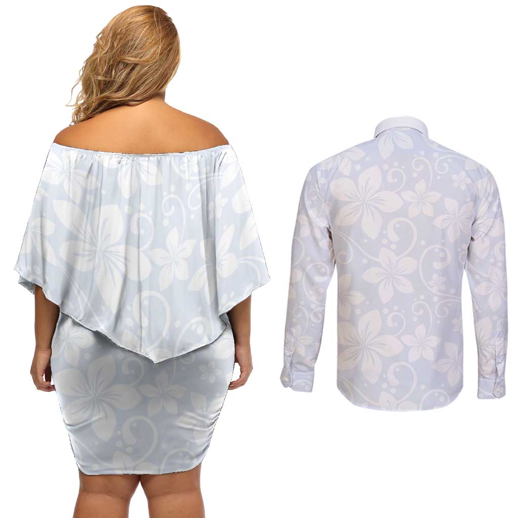 Plumeria Floral White Sunday Couples Matching Off Shoulder Short Dress and Long Sleeve Button Shirt LT01 - Polynesian Pride