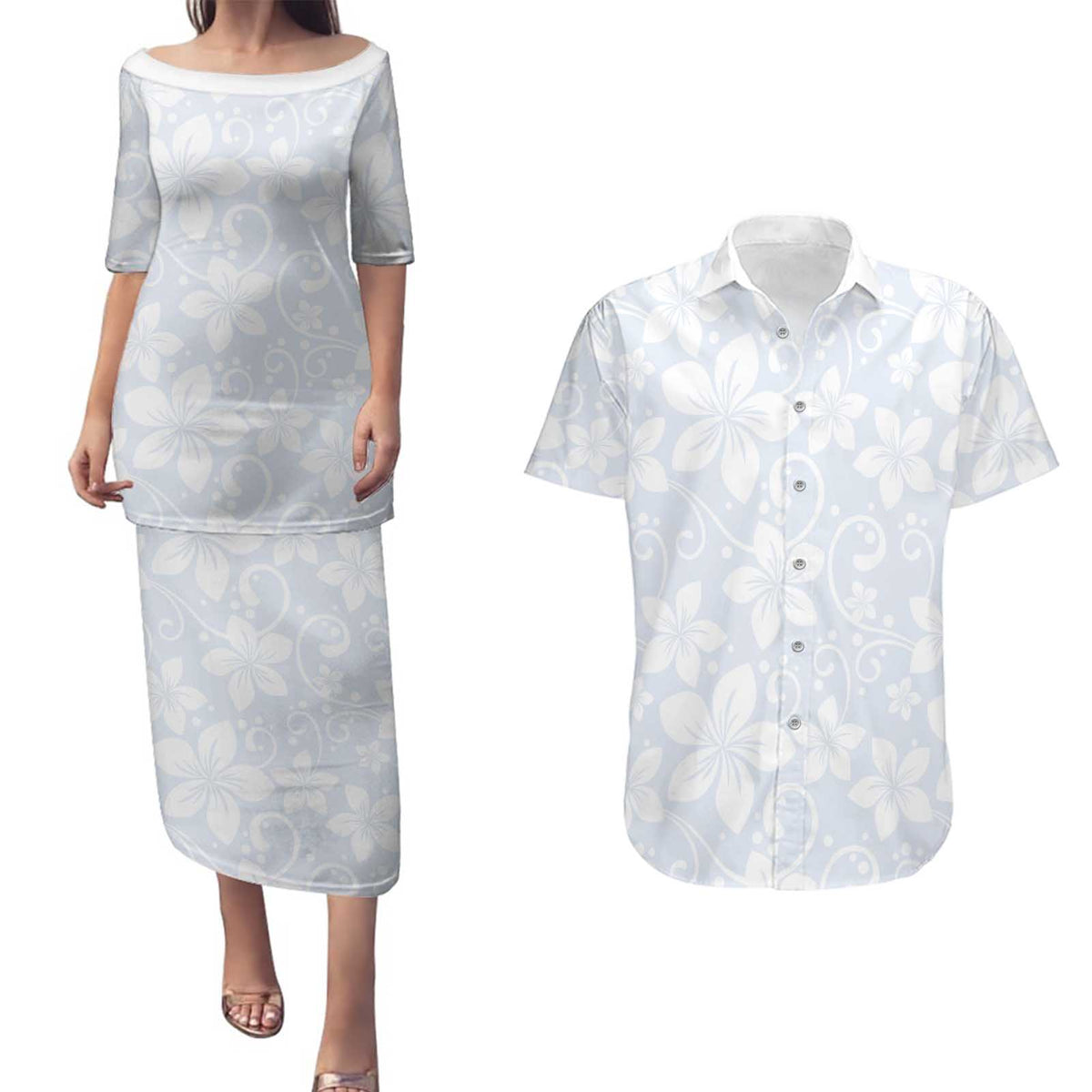 Plumeria Floral White Sunday Couples Matching Puletasi and Hawaiian Shirt LT01 White - Polynesian Pride
