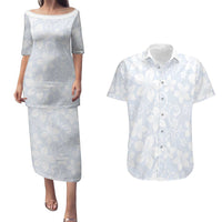Plumeria Floral White Sunday Couples Matching Puletasi and Hawaiian Shirt LT01 White - Polynesian Pride