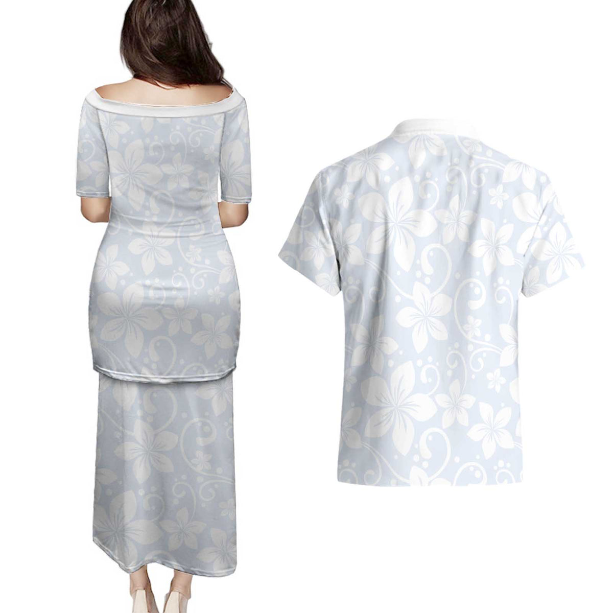 Plumeria Floral White Sunday Couples Matching Puletasi and Hawaiian Shirt LT01 - Polynesian Pride