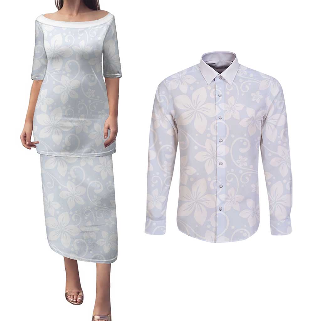 Plumeria Floral White Sunday Couples Matching Puletasi and Long Sleeve Button Shirt LT01 White - Polynesian Pride