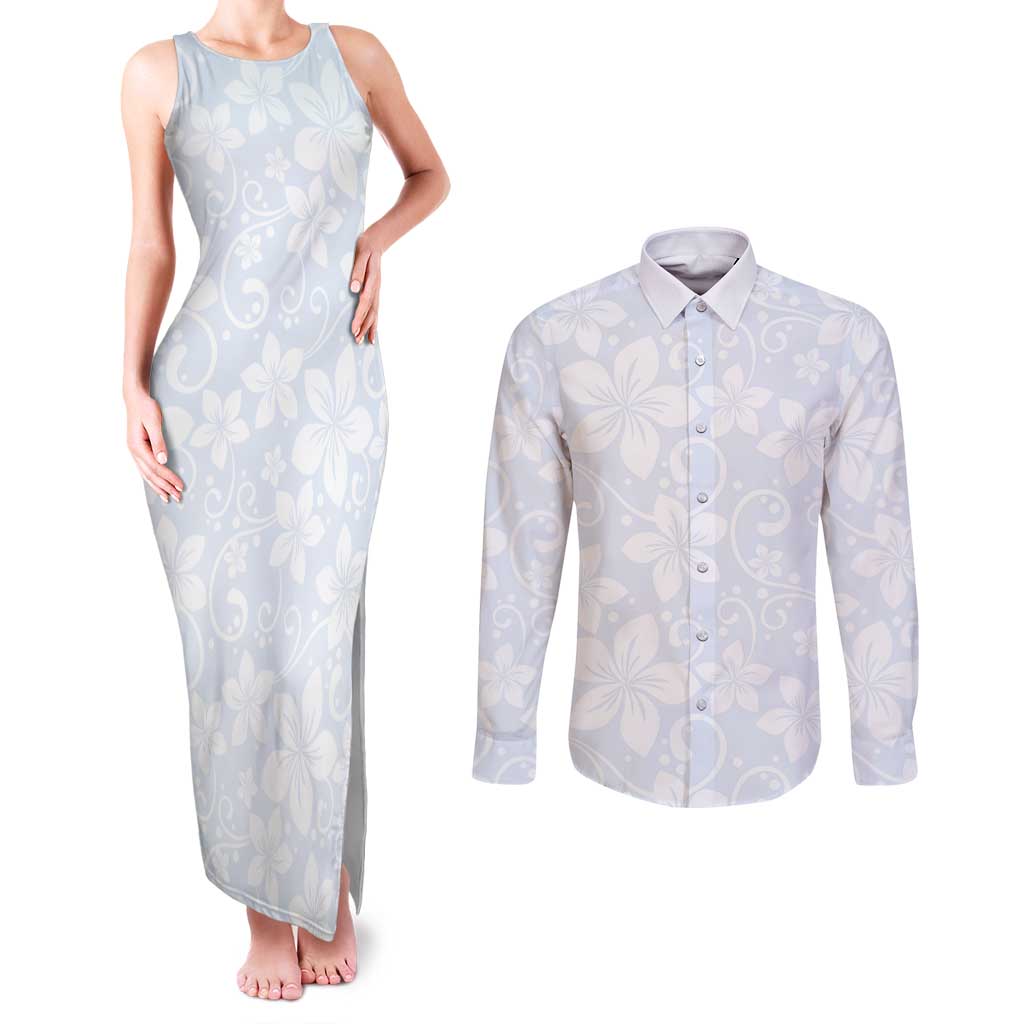 Plumeria Floral White Sunday Couples Matching Tank Maxi Dress and Long Sleeve Button Shirt LT01 White - Polynesian Pride