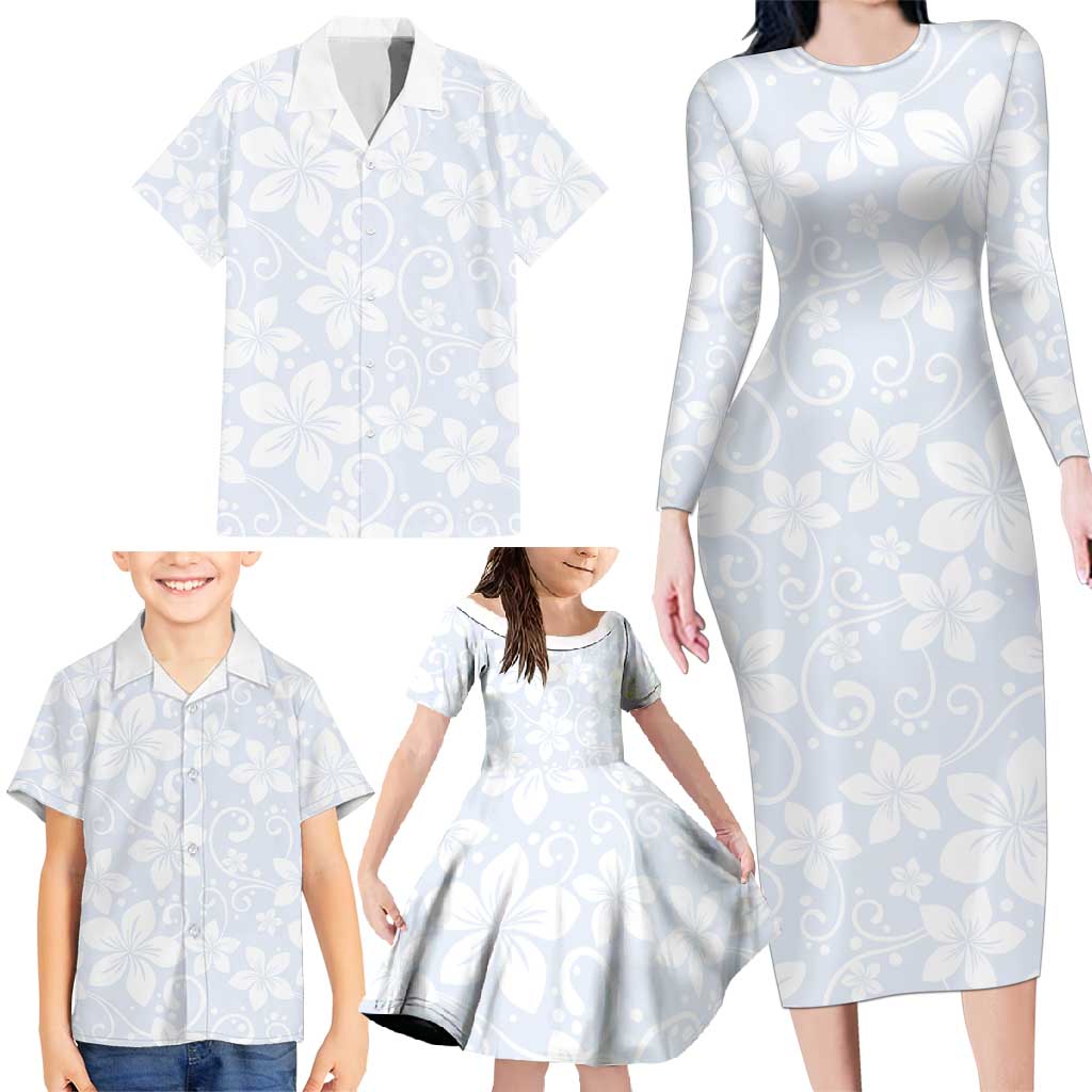 Plumeria Floral White Sunday Family Matching Long Sleeve Bodycon Dress and Hawaiian Shirt