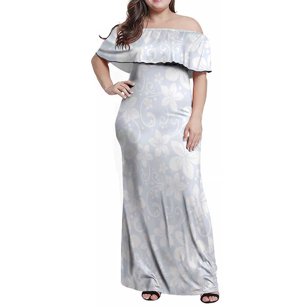 Plumeria Floral White Sunday Family Matching Off Shoulder Maxi Dress and Hawaiian Shirt