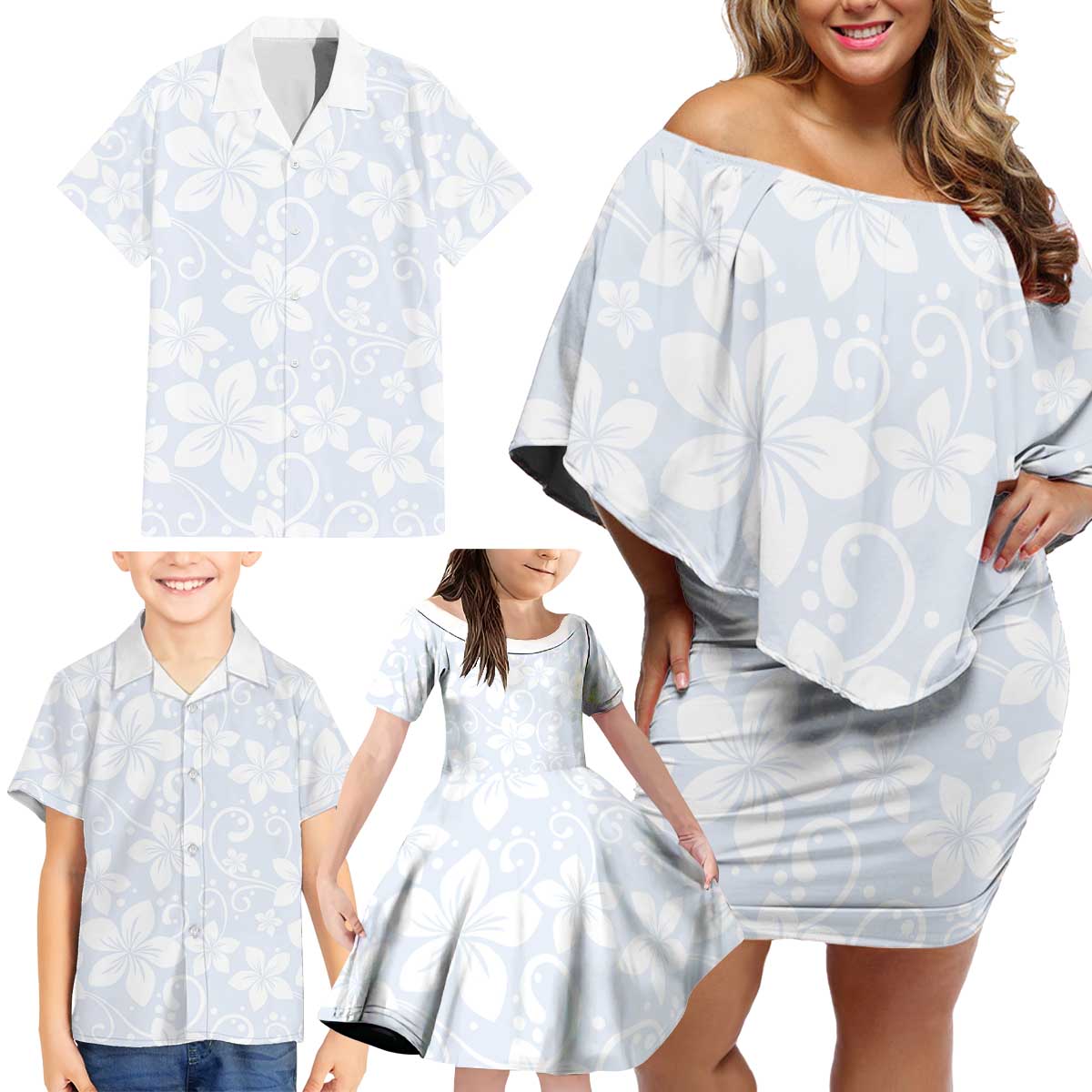 Plumeria Floral White Sunday Family Matching Off Shoulder Short Dress and Hawaiian Shirt