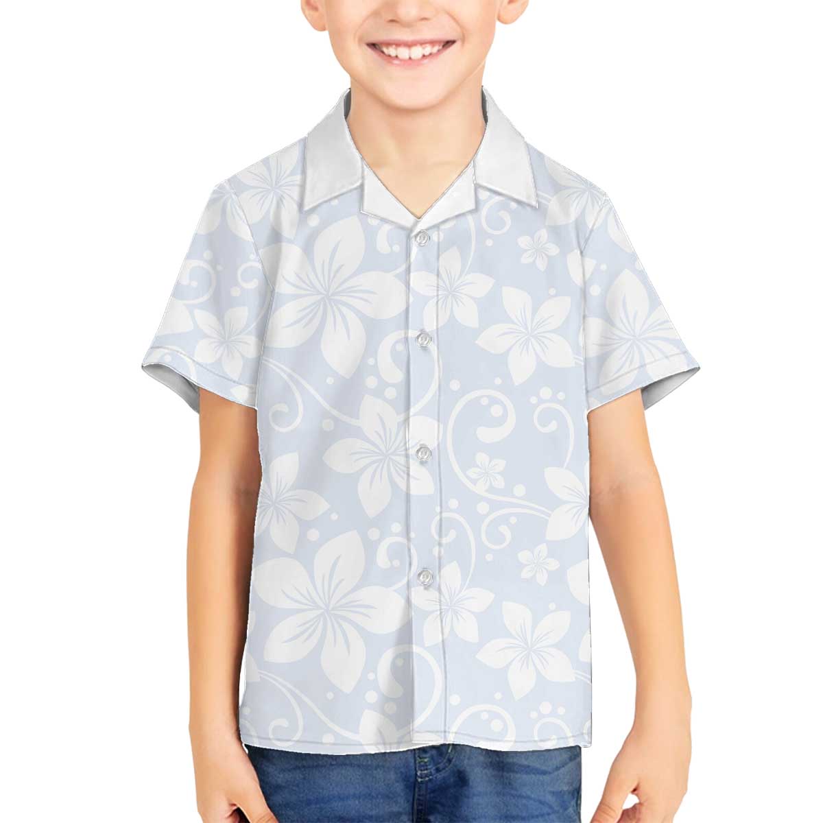 Plumeria Floral White Sunday Family Matching Off Shoulder Short Dress and Hawaiian Shirt