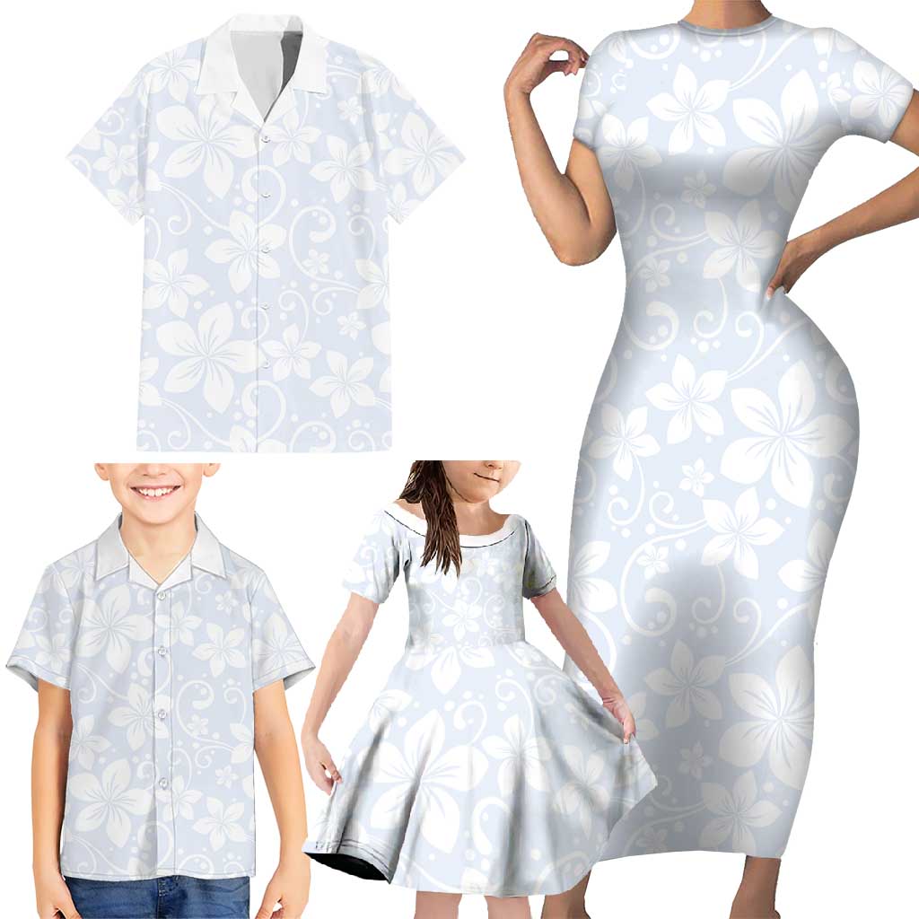 Plumeria Floral White Sunday Family Matching Short Sleeve Bodycon Dress and Hawaiian Shirt